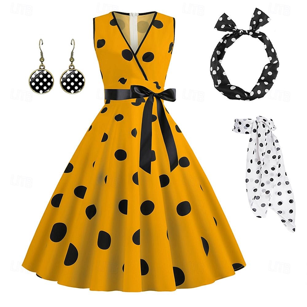 robe rockabilly femme a-ligne à pois robe swing robe évasée avec accessoires ensemble années 1950 années 60 rétro vintage avec bandeau foulard en mousseline de soie boucles d'oreilles lunettes oeil de 2025 ? $32.99 –P15