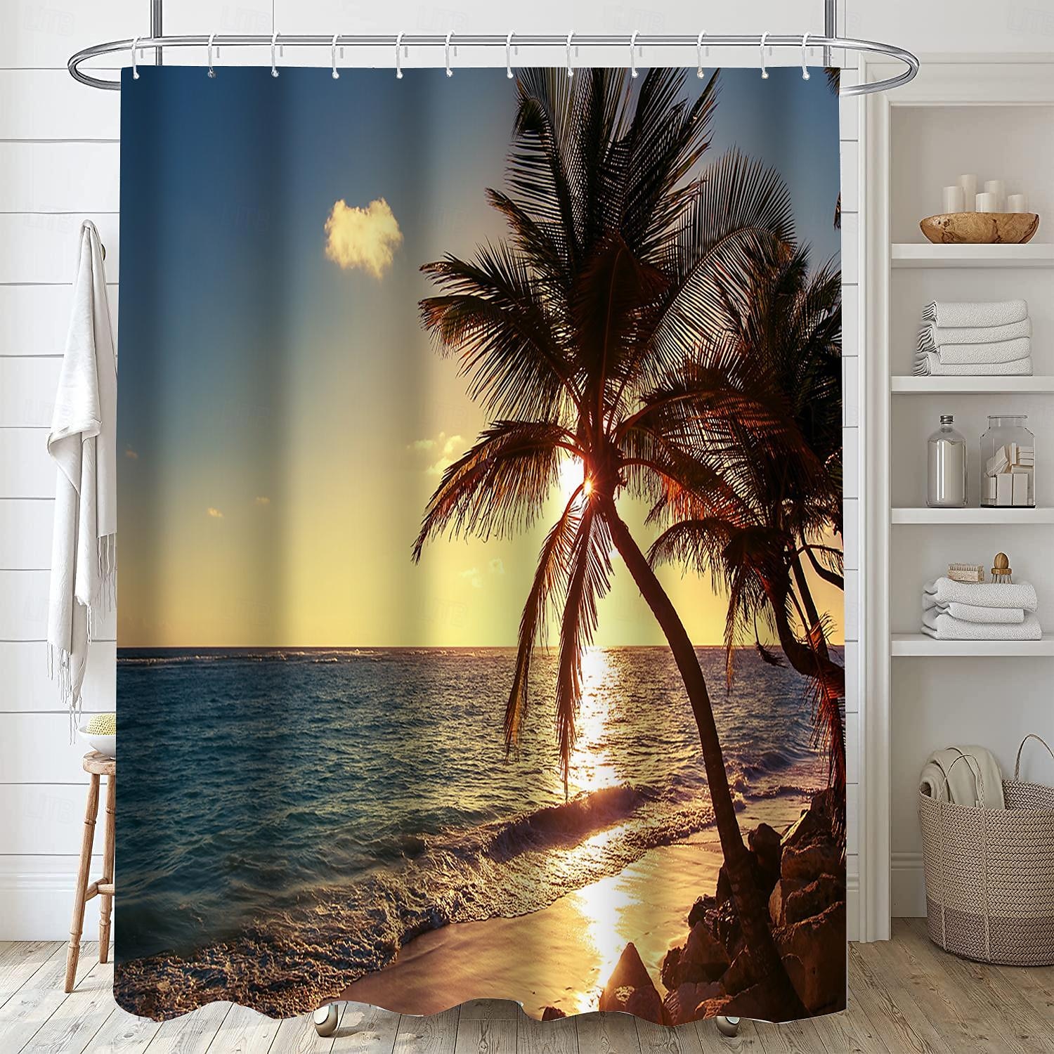 Κουρτίνα ντους με γάντζους 180cm*180cm(70"*70") Πολυεστέρας Πλενόμενη Αδιάβροχη Σχέδιο Μπάνιου Μπανιέρας Παραλίας Θάλασσα Καρύδα Δέντρο Τοπίο 2025 - $25.99 –P8