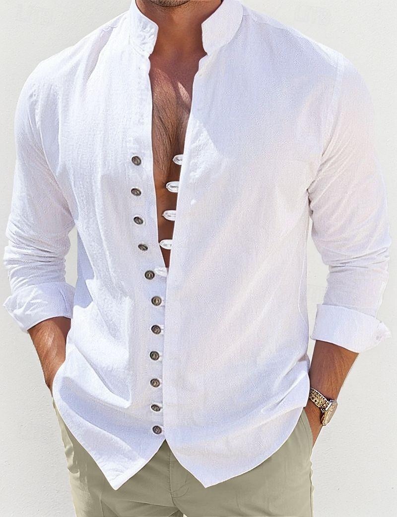 Per uomo Camicia Camicia di lino Camicia Estiva Abbigliamento da spiaggia Camicia casual Camicia con Bottoni Semplice Quotidiano Vacanza Bianco Blu Verde Cachi Manica Lunga Colletto alla coreana del 2026 a CHF21.79 –P8