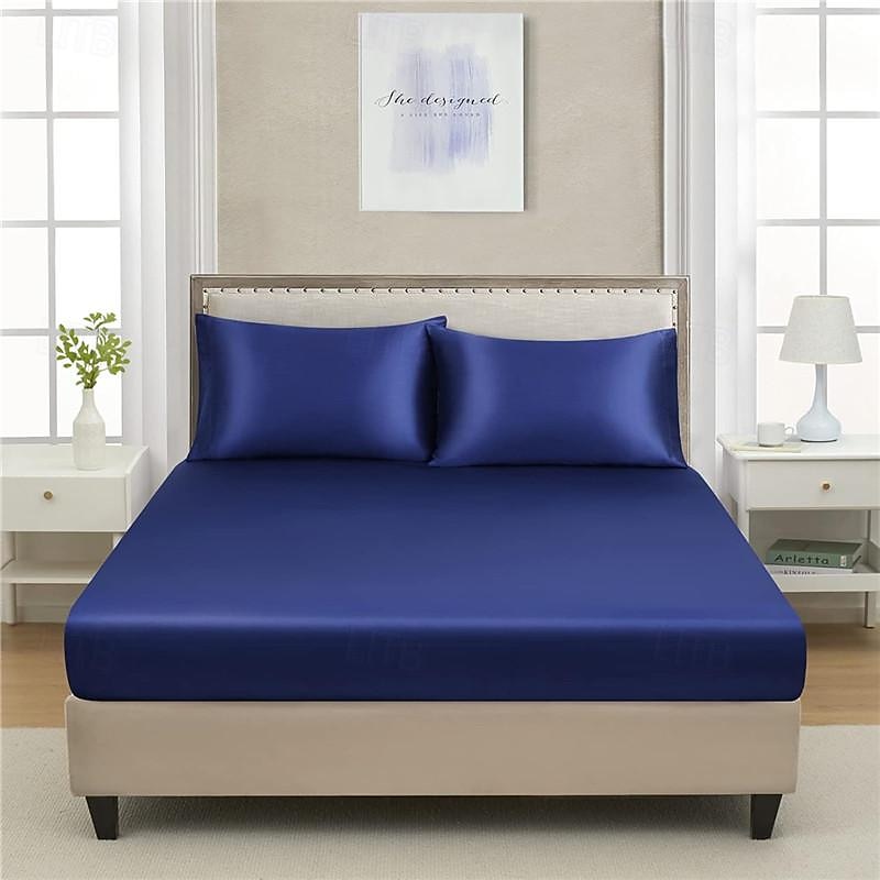 Cooling Satin Fitted Sheet Solid Color Mattress Cover with Elastic Band Bedsheet Single Double Queen King Size Fit Sheet 2025 - $18.49 –P18