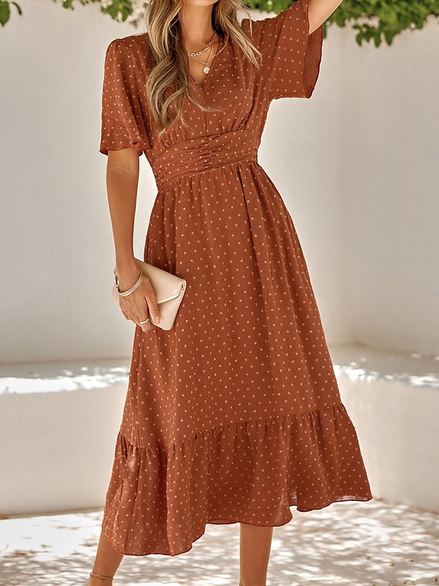 Naisten Rento mekko Midimekko Ruffle Trim Deitti Loma Katutyyli Vapaa-aika V kaula-aukko Puolihiha Ruskea Apila Aprikoosi Väri 2025 - $41.99 –P1