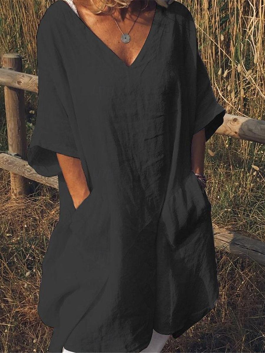 Femmes Noir Blanche Rouge Été Printemps Robe Midi Robes inspirées du lin Robe Blanche Robe Chemise Basique Moderne Quotidien Week-end Coupe Ample Uni Col en V de 2025 ? $22.99 –P4