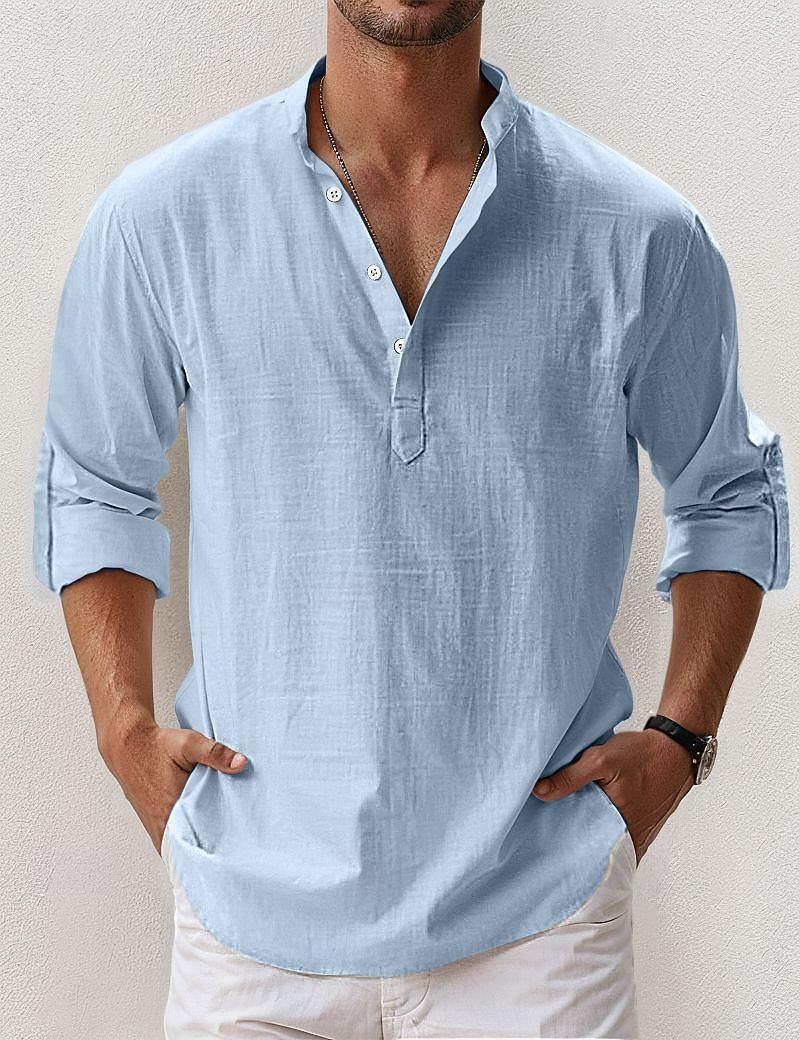 Voor heren Linnen overhemd Popover-shirt Zomer overhemd Strand Kleding Normaal shirt Overhemd met bandkraag Effen Vakantie Hawaii Zwart Wit Blozend Roze blauw Lange mouw Henley Lente zomer Kleding 2026 - $25.99 –P9