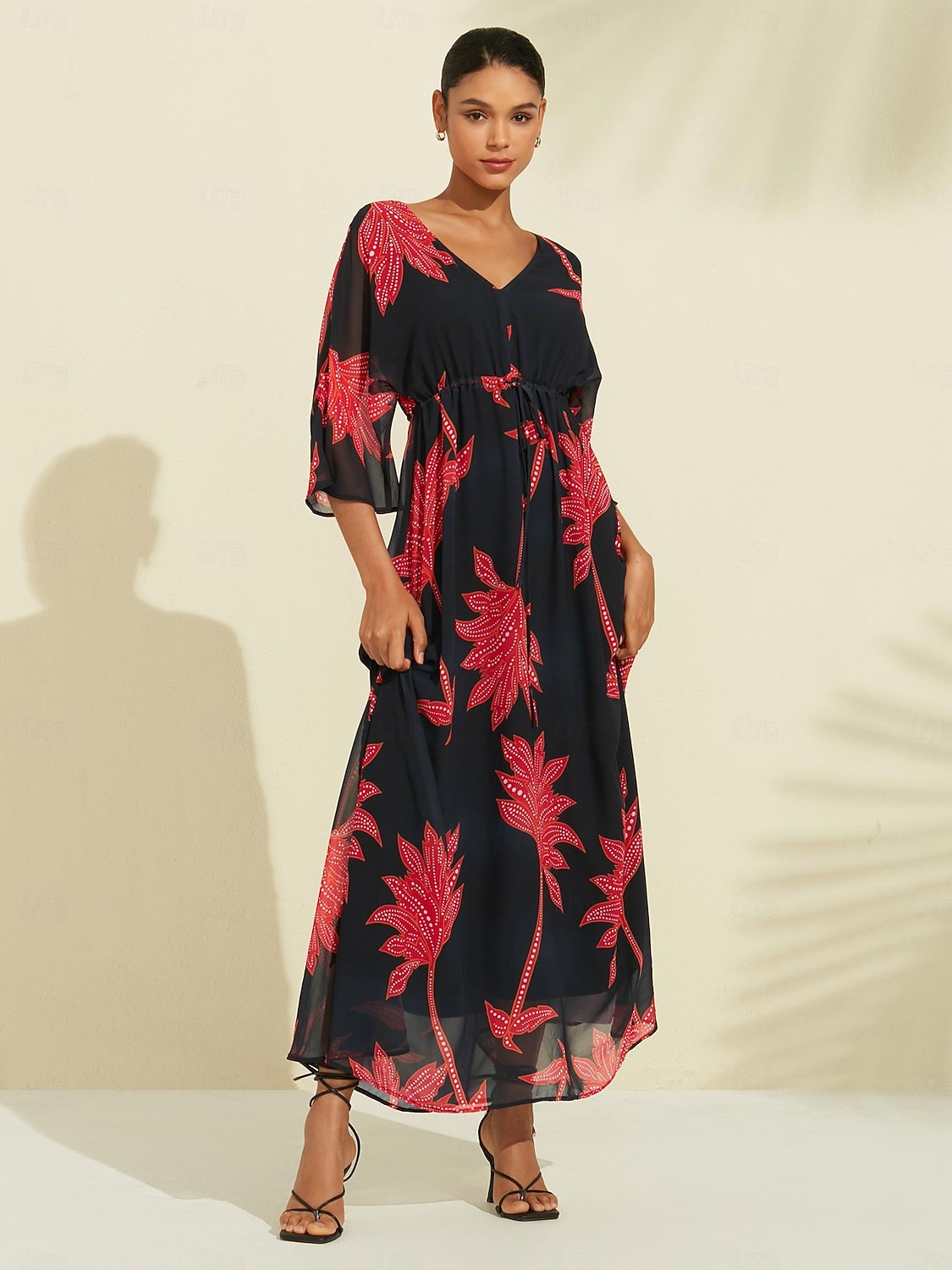 Per donna Abito Stampato Abito maxi Nero Manica 3/4 Foglia Stampa Fiori / Piante Stampa Primavera & Estate Scollo a V Spiaggia S M L del 2025 a $141.99 –P4