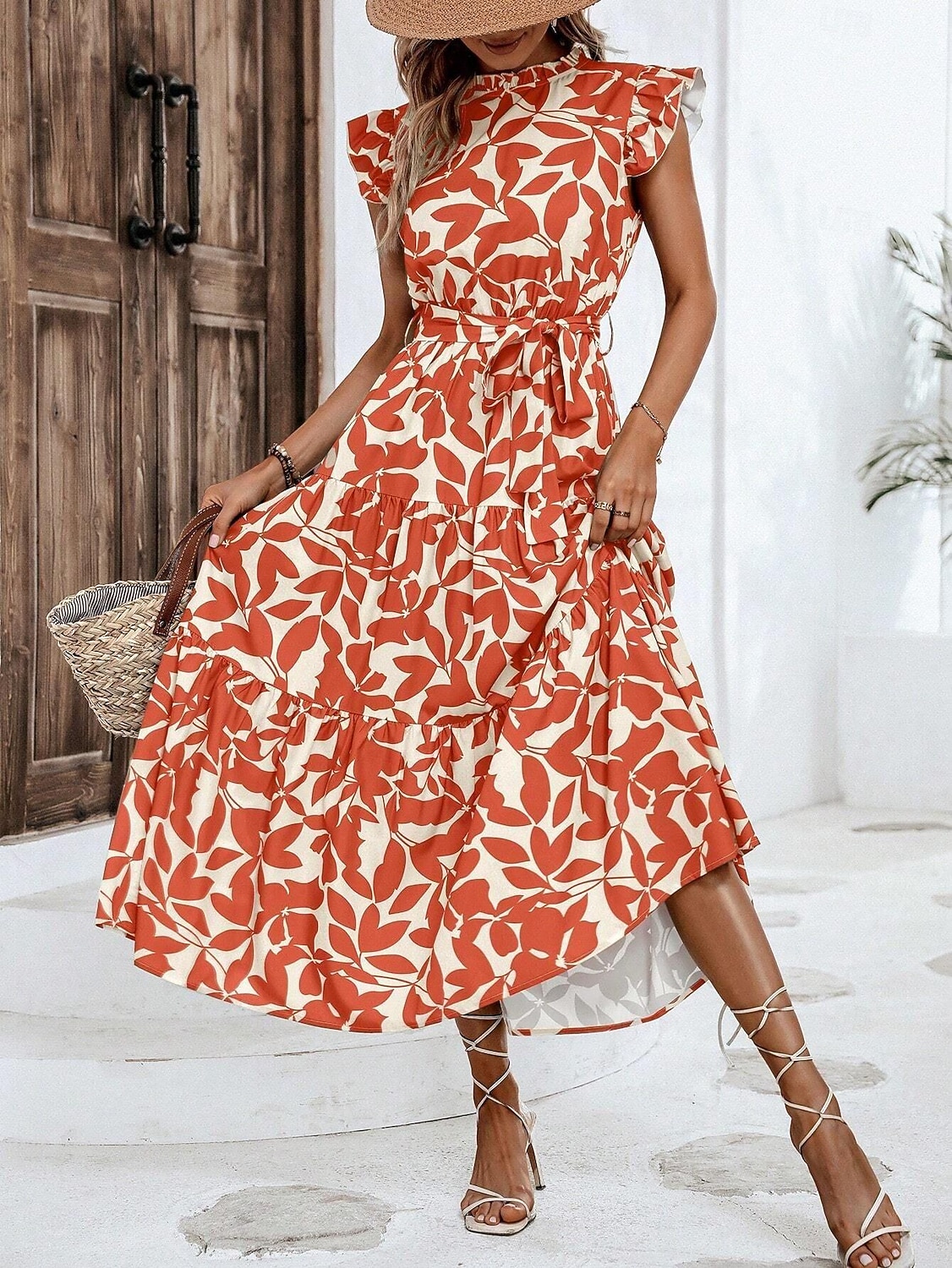 Women's Chiffon Dress Floral Ruffle Crew Neck Puff Sleeve Midi Dress Casual  Short Sleeve Summer Spring 2026 - AU $46.69