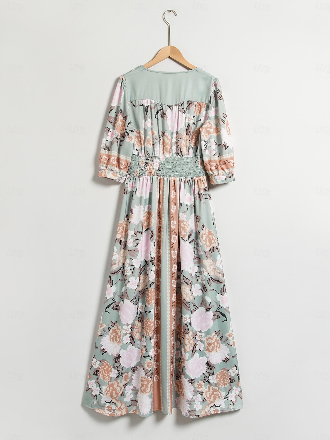 Robe longue en satin vert à fleurs, col en V, manches bouffantes, pour invités de fête/mariage, pour impressionner 2024 de 2025 ? $108.99 –P8