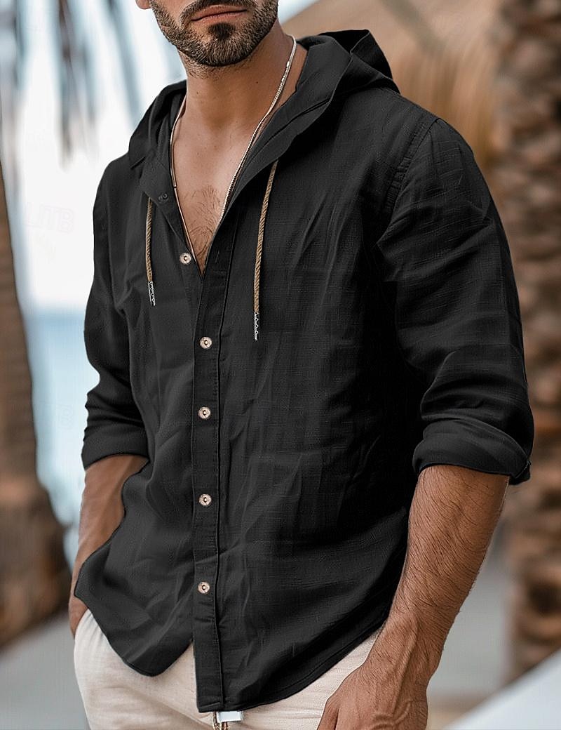 Hombre Camisa camisa de lino Plano Casual Diario Negro Blanco Azul Piscina Caqui Manga Larga Con Capucha Primavera verano Ropa Botones 2025 - $25.99 –P7