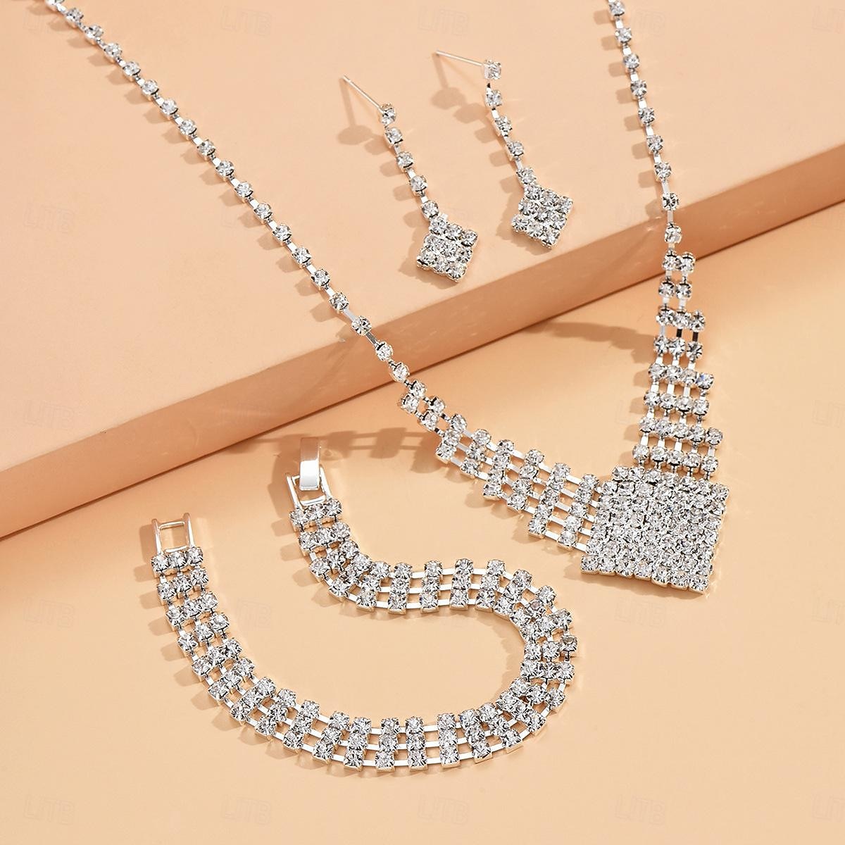 Conjunto de joyas de diamantes de imitación de lujo: collar, pulsera y pendientes colgantes de cristal plateado brillante para mujer. 2026 - $11.99 –P5