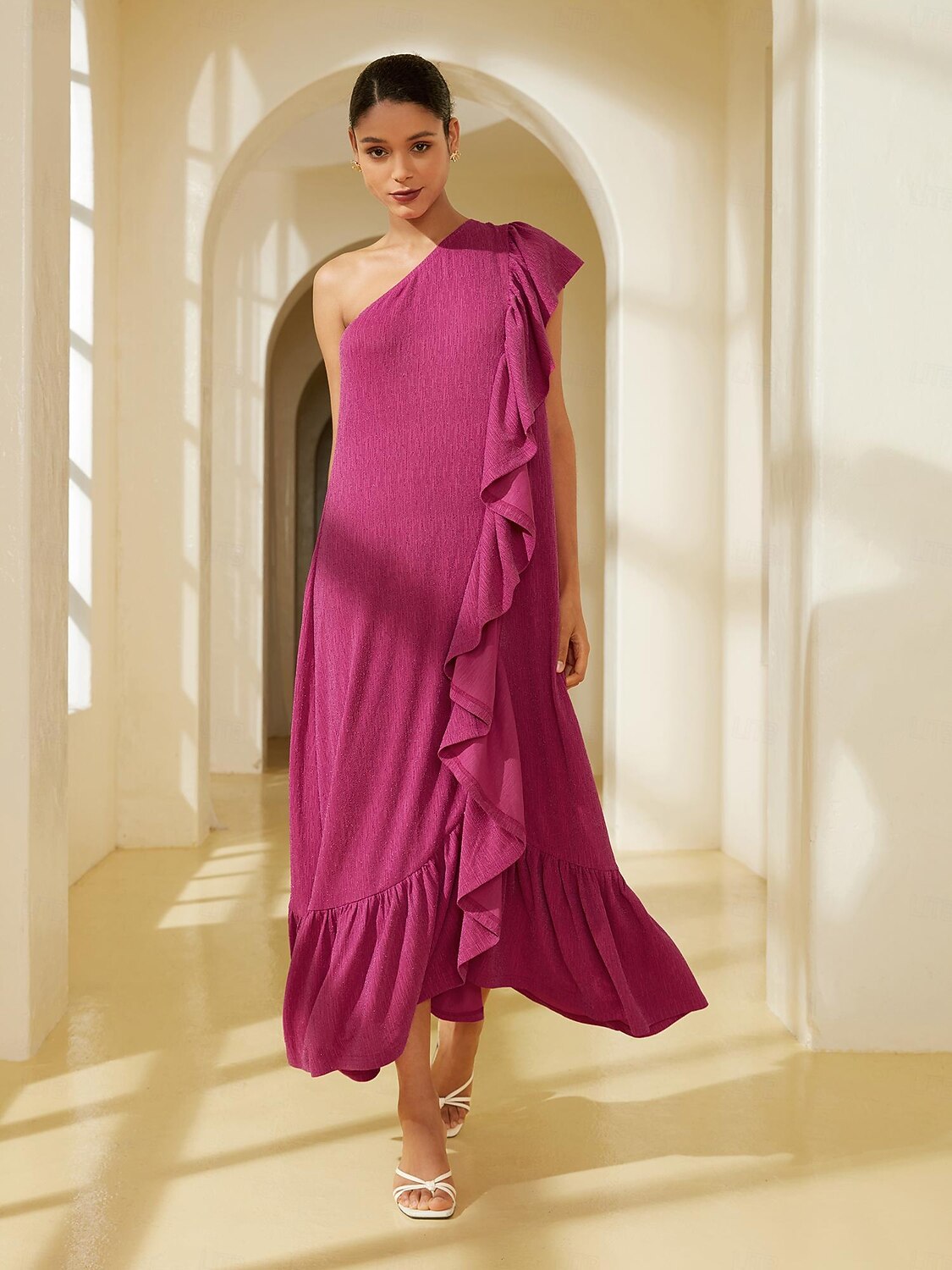 Pink Ruffle Diagonal Neck Drawstring Knit Party/Wedding Guest Maxi ...