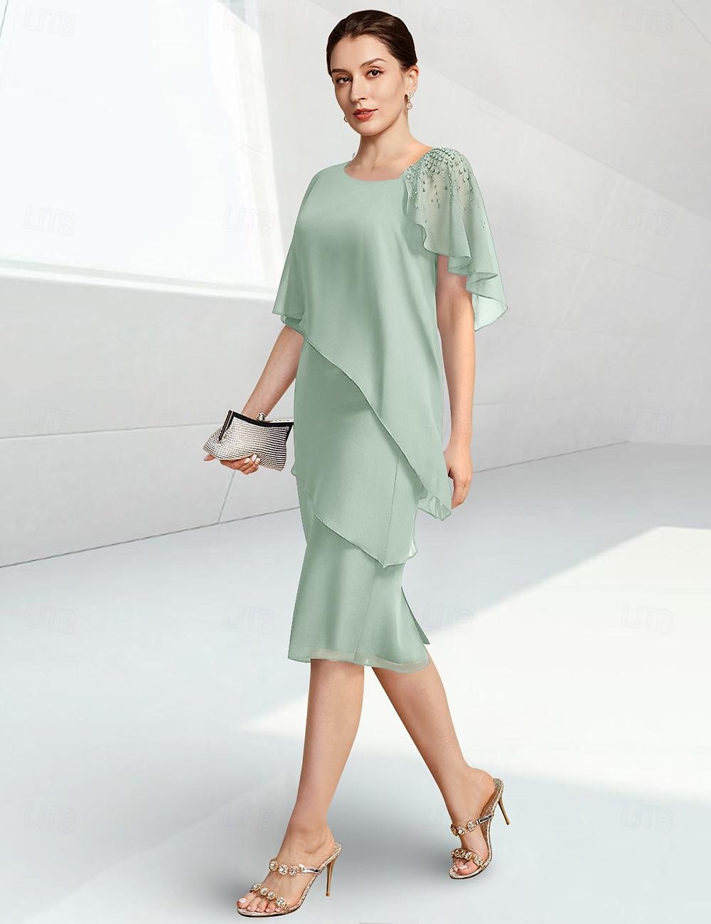 Tubino Colonna Lunghezza al ginocchio Vestito da Festa Abito da Cocktail Abito da invitata a nozze Abito da cerimonia per signora Mezza Manica Collo gioiello Elegante Ospite di nozze Chiffon con del 2026 a $172.99 –P6