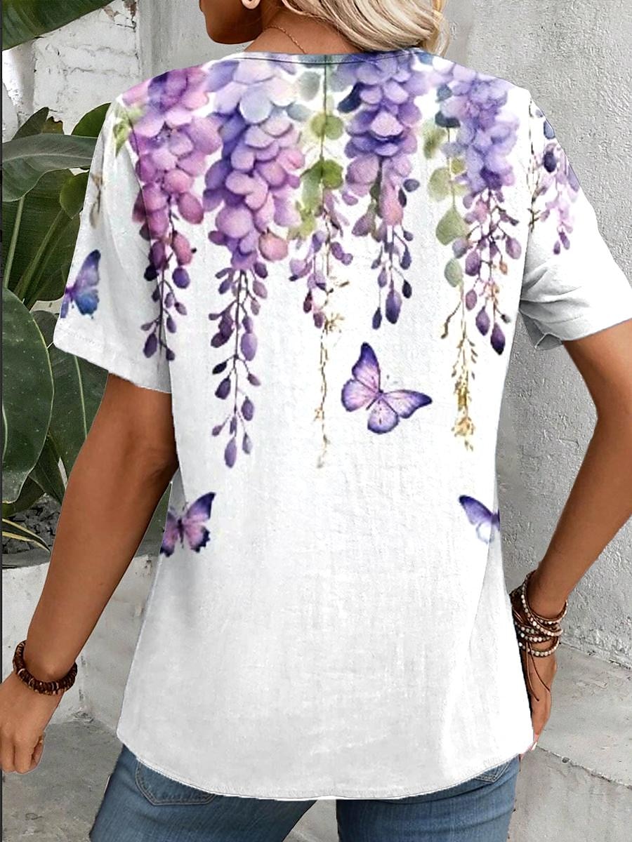 Koszula Damska Ombre Kwiatowa Motyl Codzienna Jak Len Casual Krótki Rękaw Okrągły Dekolt Regularne Top Wakacja Codzienna Patchwork Fioletowa Lato Wiosna 2025 - $22.99 –P2