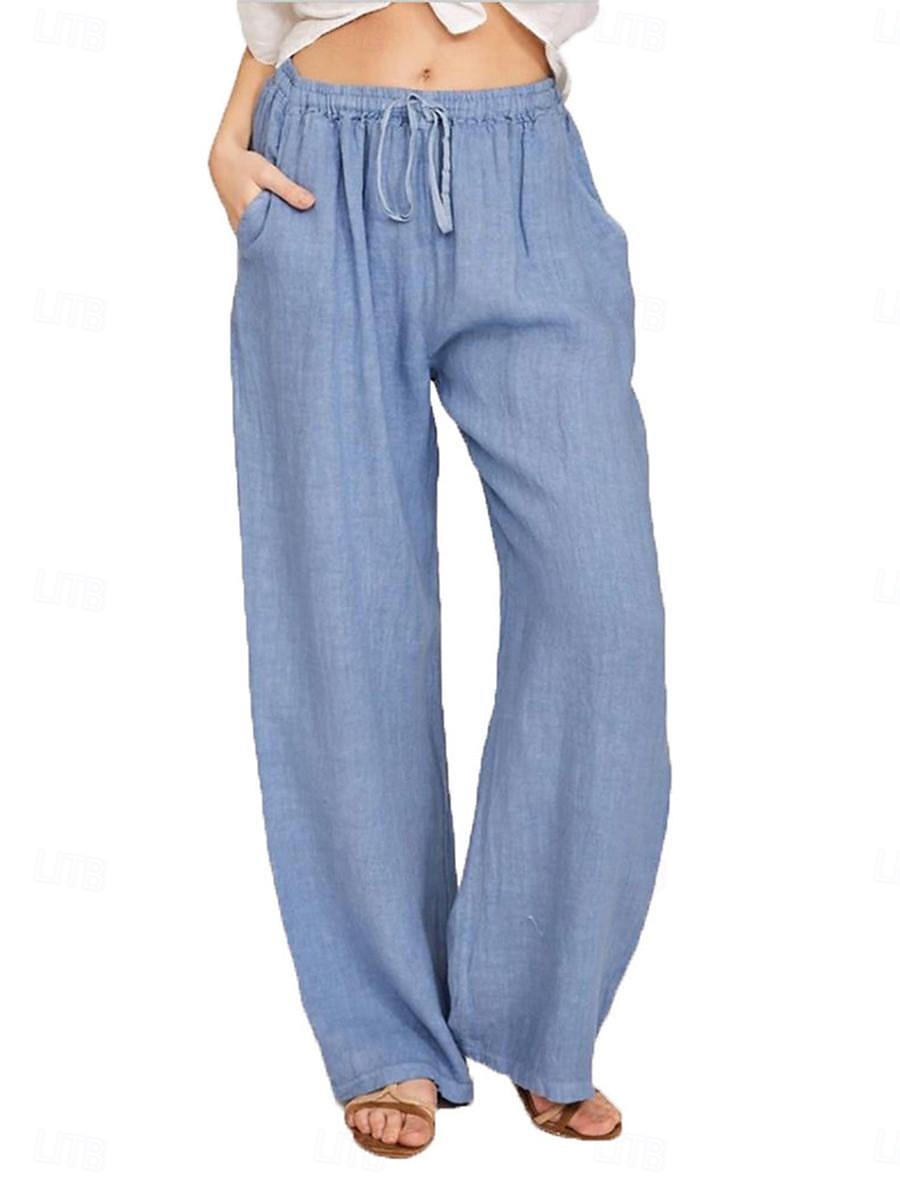 Damen Hose aus Baumwollleinen Komfort Einfarbig Tasche Elastischer Bund Atmungsaktiv Mikroelastisch Heim Schwarz Weiß Wein Marineblau Sommer 2025 - $21.99 –P1