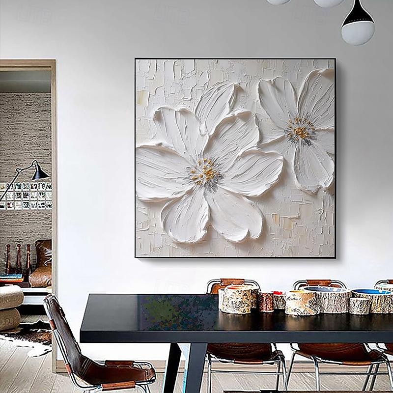 abstraktes, dickes Ölgemälde mit weißer Blume, modern, 100 % handgefertigt, weiße Leinwand, Gemälde, Wandkunst für Wohnzimmer, rahmenloses Dekor, gespannter Rahmen, fertig zum Aufhängen oder ungerahmt 2025 - zł418.99 –P3