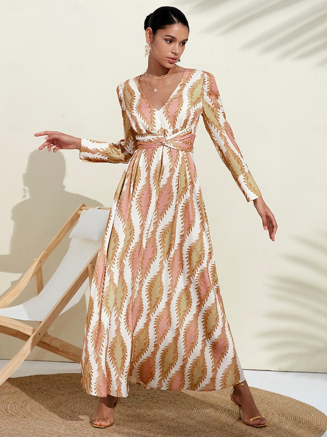 Per donna Orlo maxi Raso Maxi Vestito maxi SALMONE Bianco Manica lunga Modello di piante Fiore / Piante Pulsante pianta Primavera A V Abito volante S M L del 2025 a $93.99 –P6