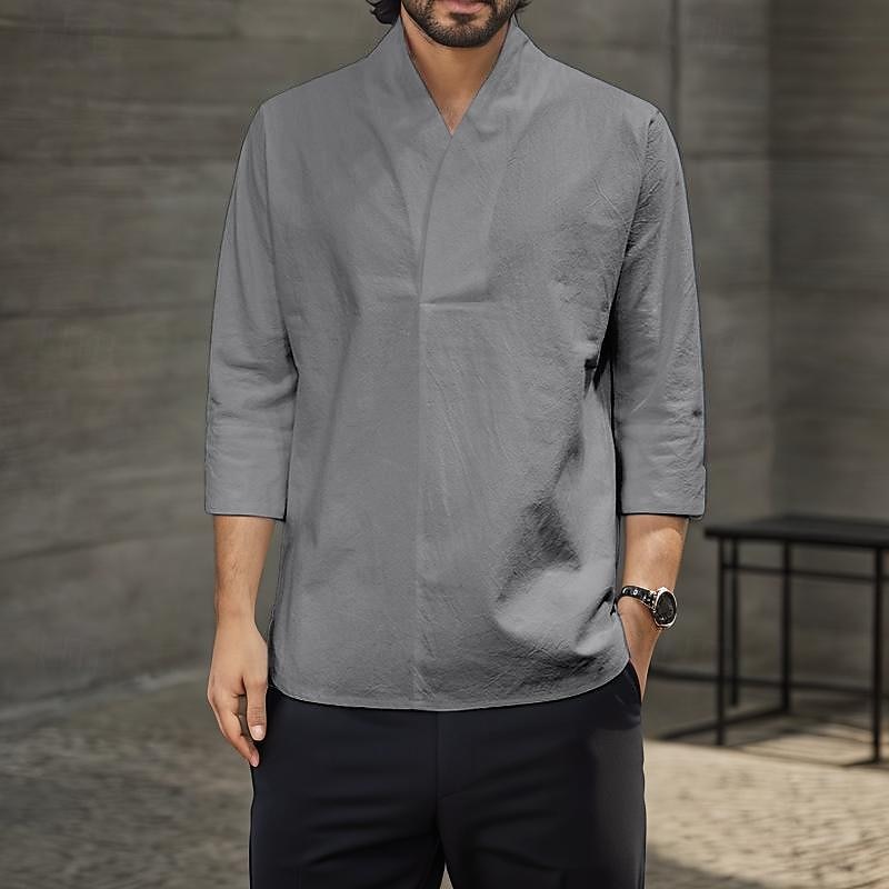 Per uomo Camicia Camicia in lino e cotone Camicia in cotone bianco Maglietta informale Liscio Hawaiano Per eventi Nero Bianco Giallo Blu marino Maniche a 3/4 A V Primavera estate Abbigliamento del 2025 a $19.99 –P6