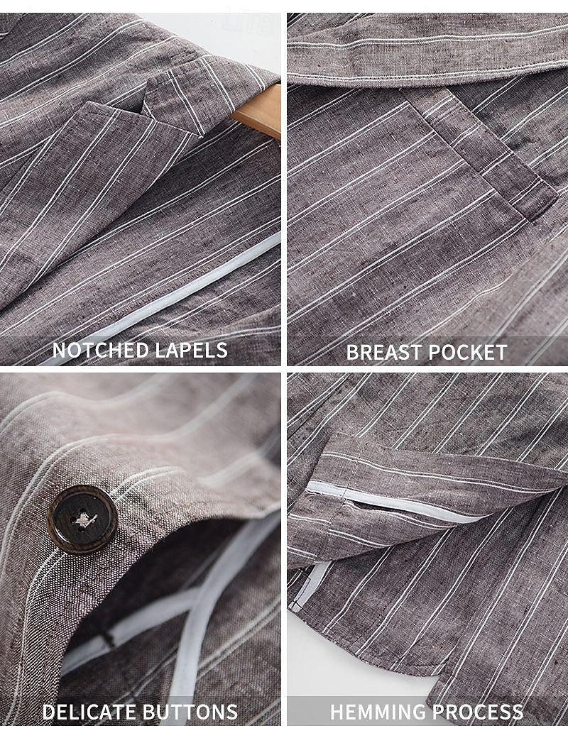 100% Linen Men's Linen Blazer Blazer Business Formal Evening Wedding Party Fashion Casual Spring & Fall Stripes Pocket Casual / Daily Single Breasted Blazer White Navy Blue Coffee 2025 - $42.99 –P6