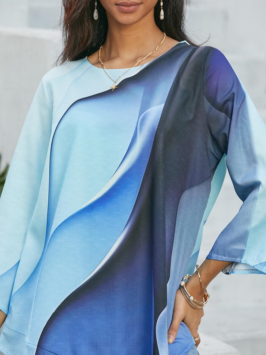 Damblus Chiffon Daglig Enkel Neon  Klara Abstrakt Tryck Lång Ärmar Långa Toppar Rund Hals Avslappnad Blå Höst  Vinter 2025 - $3.39 –P6