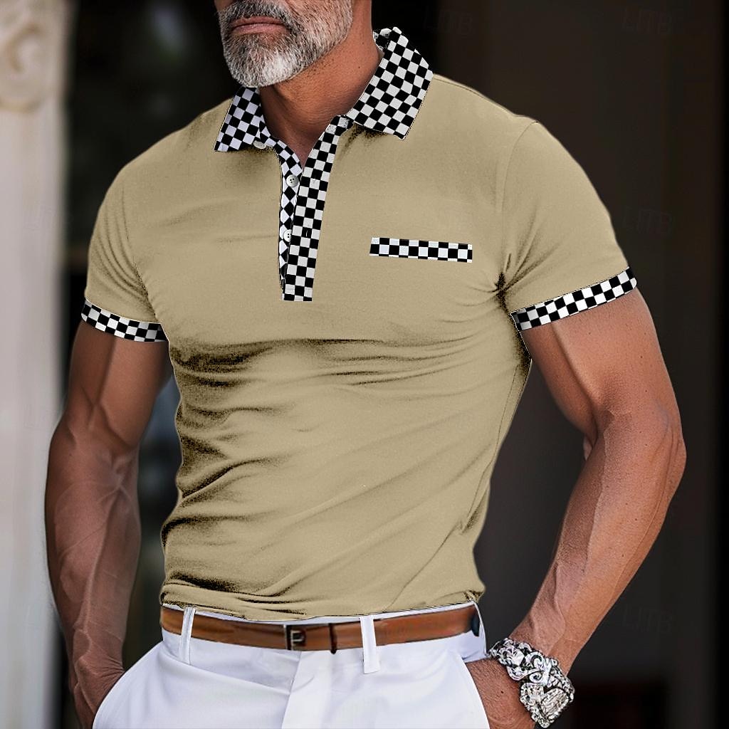Men's Business Polo Golf Shirt Work Casual Lapel Ribbed Polo Collar Short Sleeve Basic Modern Color Block Patchwork Button Spring & Summer Regular Fit Black Light Green Blue Beige Business Polo 2025 - $20.99 –P4