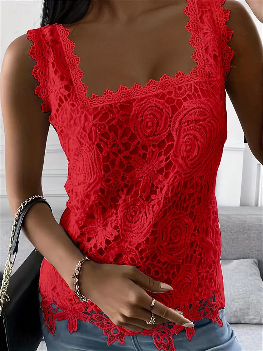 Bluse Eleganti in Pizzo Bianco per Donna con Occhielli Blusa Sexy Senza Maniche Florale Semi-Trasparente Collo Quadrato Bordo Scallop Fashion Slim Fit Top Petits Romantici da Indossare in Estate e del 2025 a $22.99 –P3