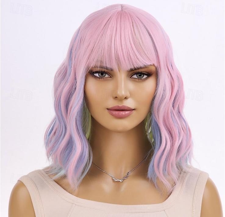 gris vert rose blonde violet perruque pour femmes ombre violet bob perruque mardi gras perruques courtes bouclés ondulés noir à violet perruque avec frange synthétique résistant à la chaleur de 2025 ? $19.99 –P8