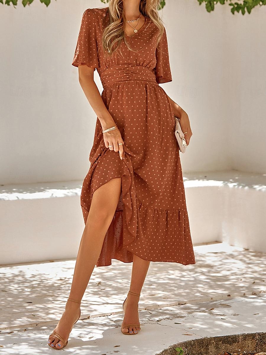 Naisten Rento mekko Midimekko Ruffle Trim Deitti Loma Katutyyli Vapaa-aika V kaula-aukko Puolihiha Ruskea Apila Aprikoosi Väri 2025 - $41.99 –P3