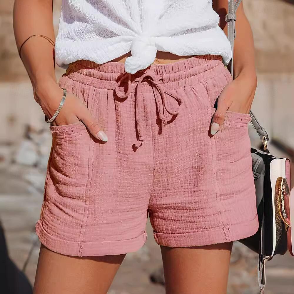 Mulheres Shorts inspirados em linho chinês Calção Básico Casual Curto Cintura Alta Tecido Bolsos Design de cordão elástico Corte alto Respirabilidade Macio Micro-Elástica Casual / Diário Final de de 2025 por $25.99 –P8