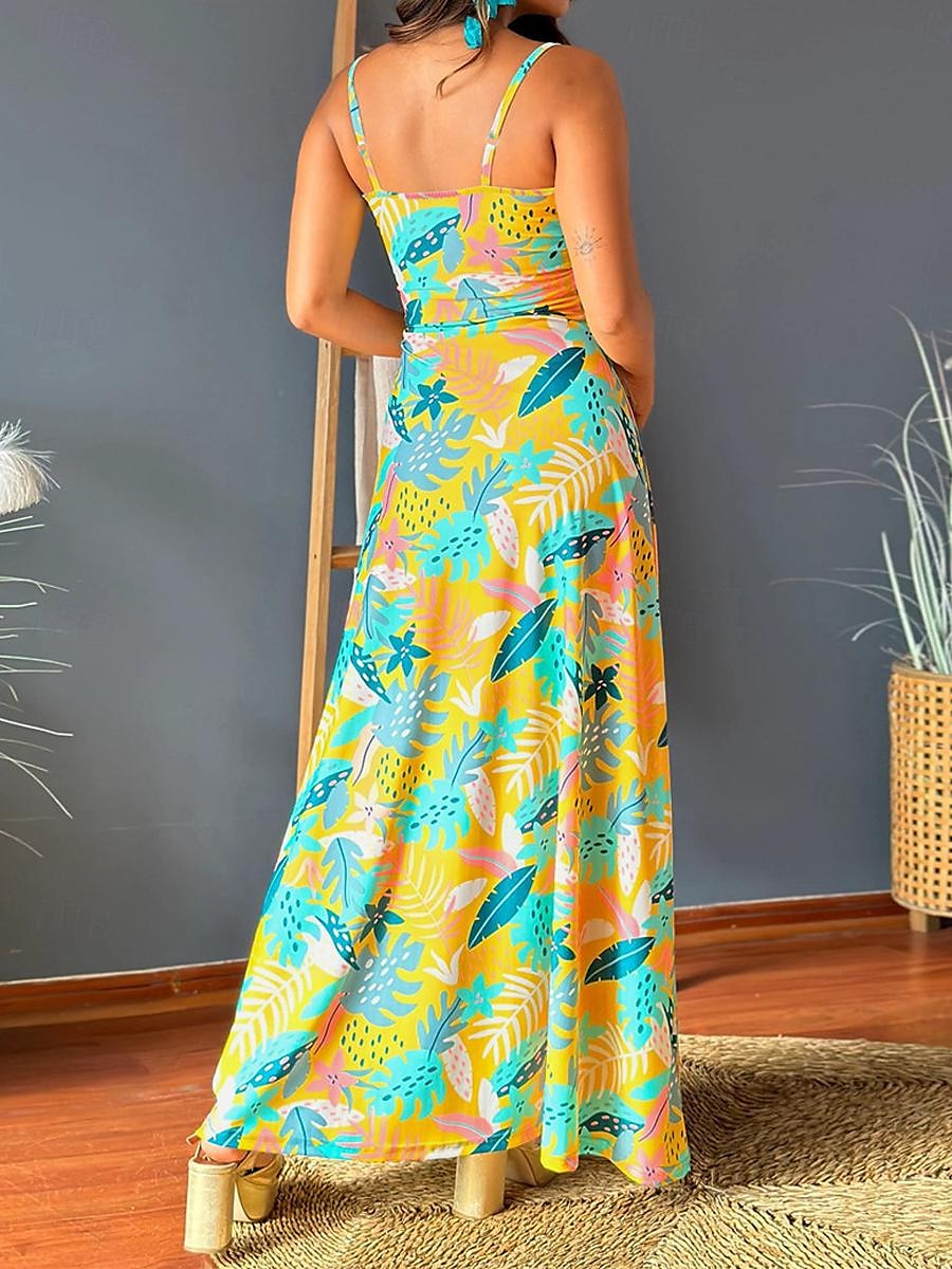 kvinners fritidskjole slipkjole floral blad ryggløst trykk stropp lang kjole maxi kjole hawaiisk uformell hverdagsferie ermeløs sommer 2025 - $41.99 –P8