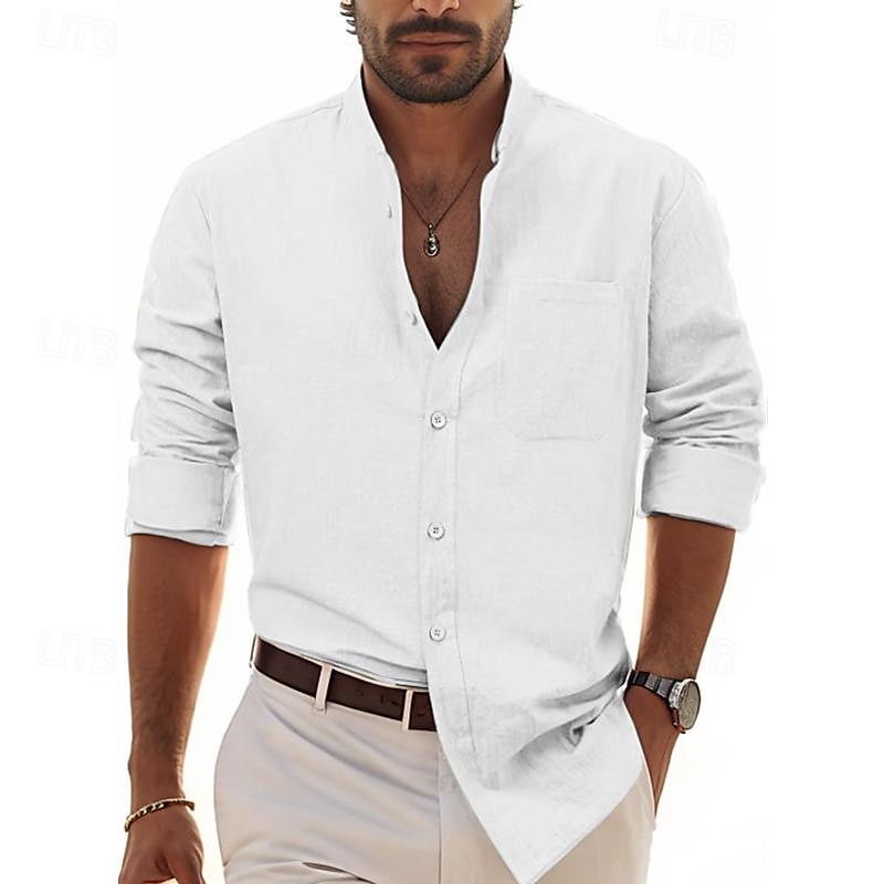Per uomo Camicia Camicia in lino e cotone Camicia in cotone bianco Camicia con colletto cinese Camicia con colletto alla coreana Maglietta informale Liscio Da mare Hawaiano Nero Bianco Vino Blu marino del 2025 a $19.99 –P2