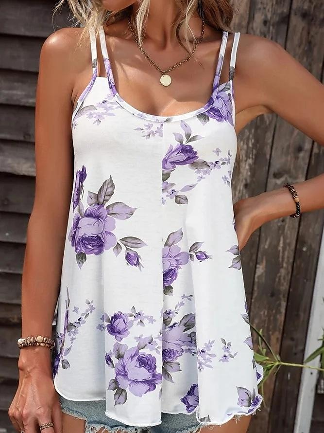 Débardeur en camisole pour femmes imprimé floral décontracté sans manches débardeurs réguliers encolure en U vacances quotidien rouge bleu violet été de 2025 ? $23.99 –P3