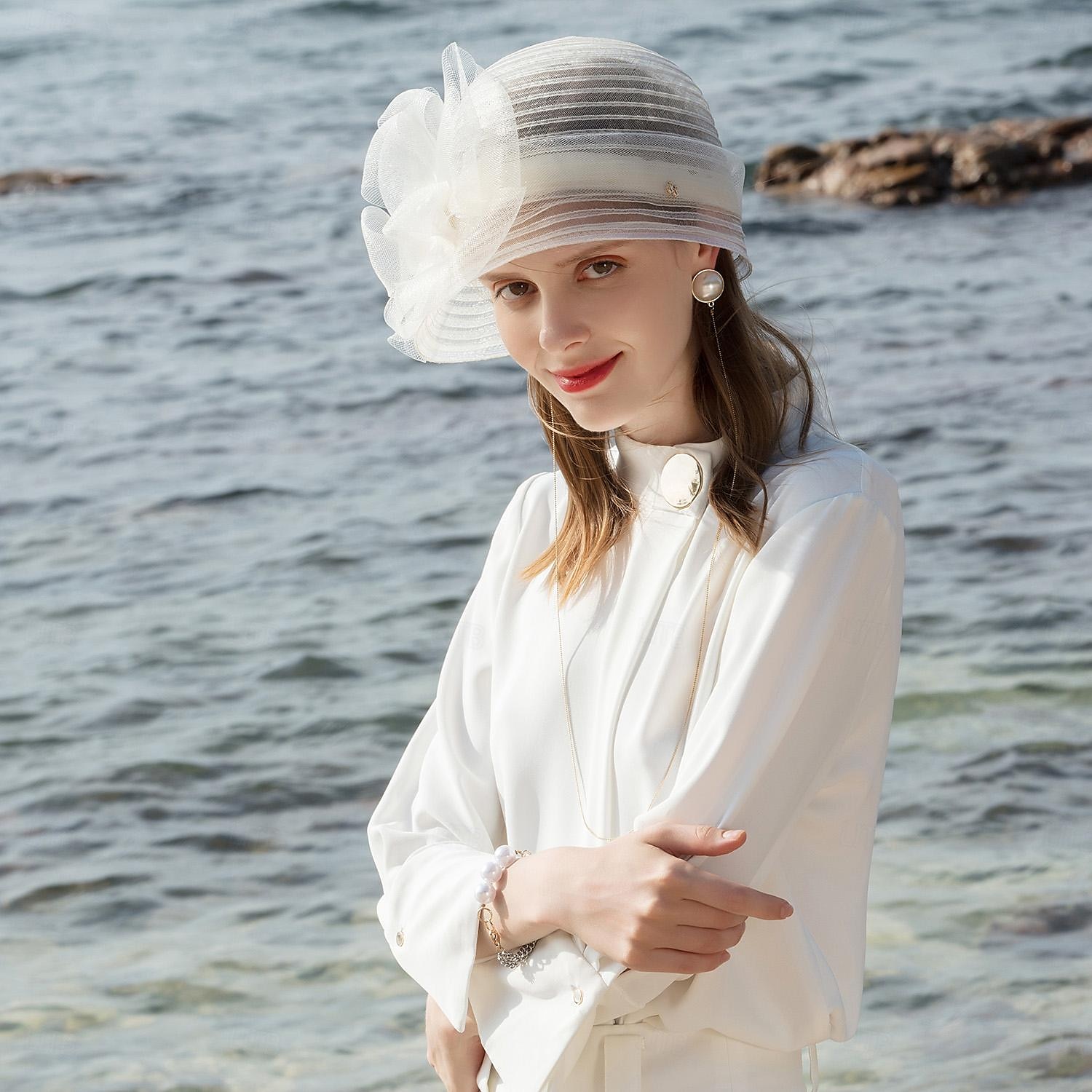 Hatter Fiber Bøttehatt Solhatt Bryllup Te Fest Elegant Bryllup Med Blomster Perledetaljer Hodeplagg Hodeplagg 2025 - $35.99 –P11
