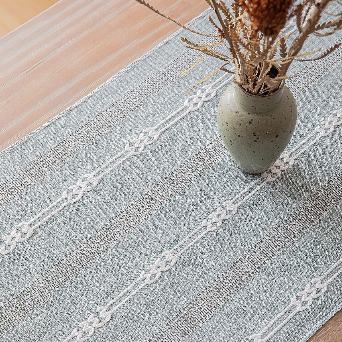 2025年 シンプルなストライプ柄のフリンジ付きテーブルランナー、タッセル付き、長さ 87 インチ、35 x 220 cm  コレクション – $12.49 –P2
