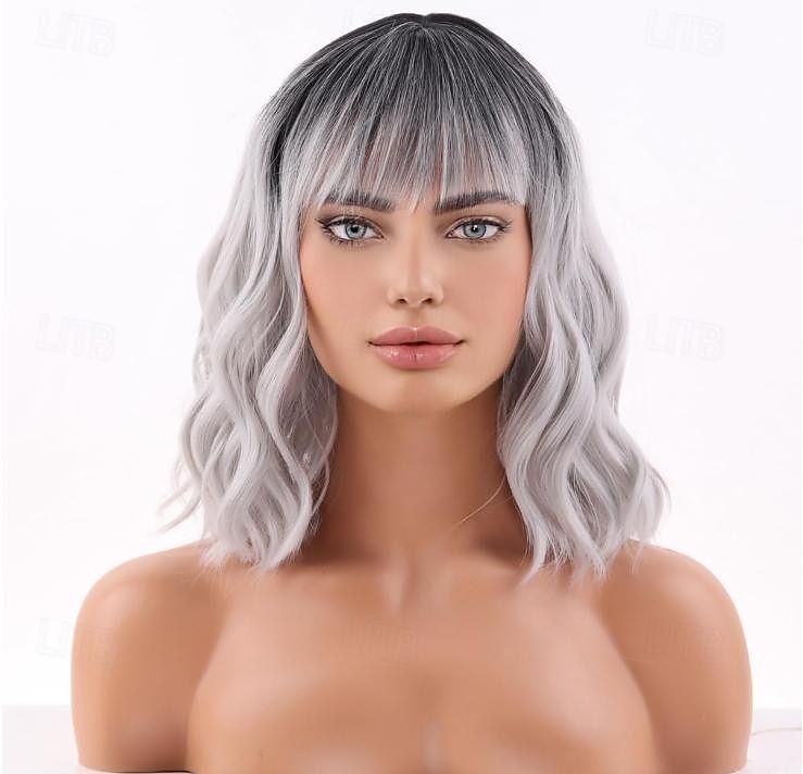 gris vert rose blonde violet perruque pour femmes ombre violet bob perruque mardi gras perruques courtes bouclés ondulés noir à violet perruque avec frange synthétique résistant à la chaleur de 2025 ? $19.99 –P7