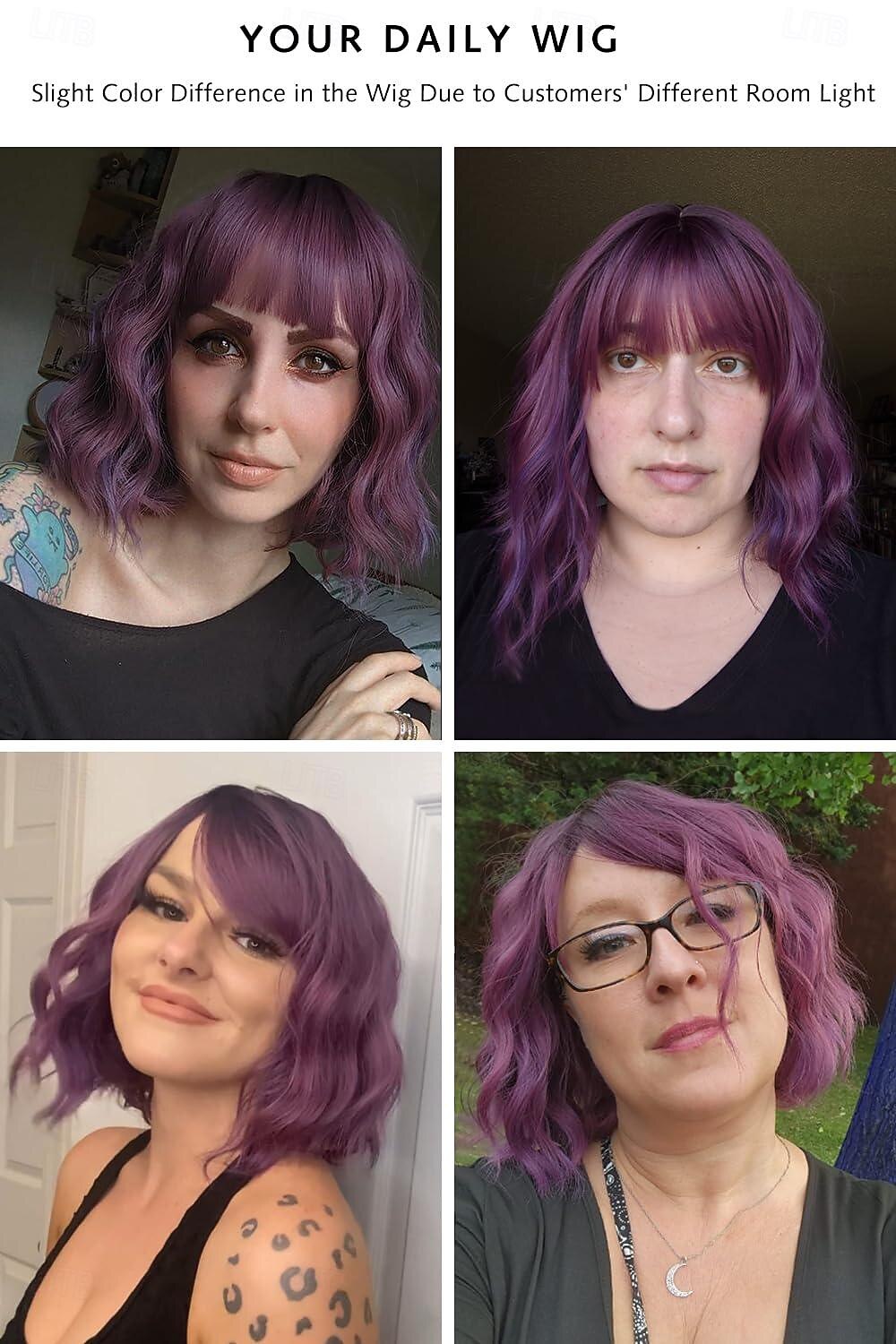 parrucca bob ondulata viola verde rosa con frangia parrucca viola ombre naturale capelli sintetici lunghezza delle spalle parrucche corte ricci per le donne del 2025 a $19.99 –P5