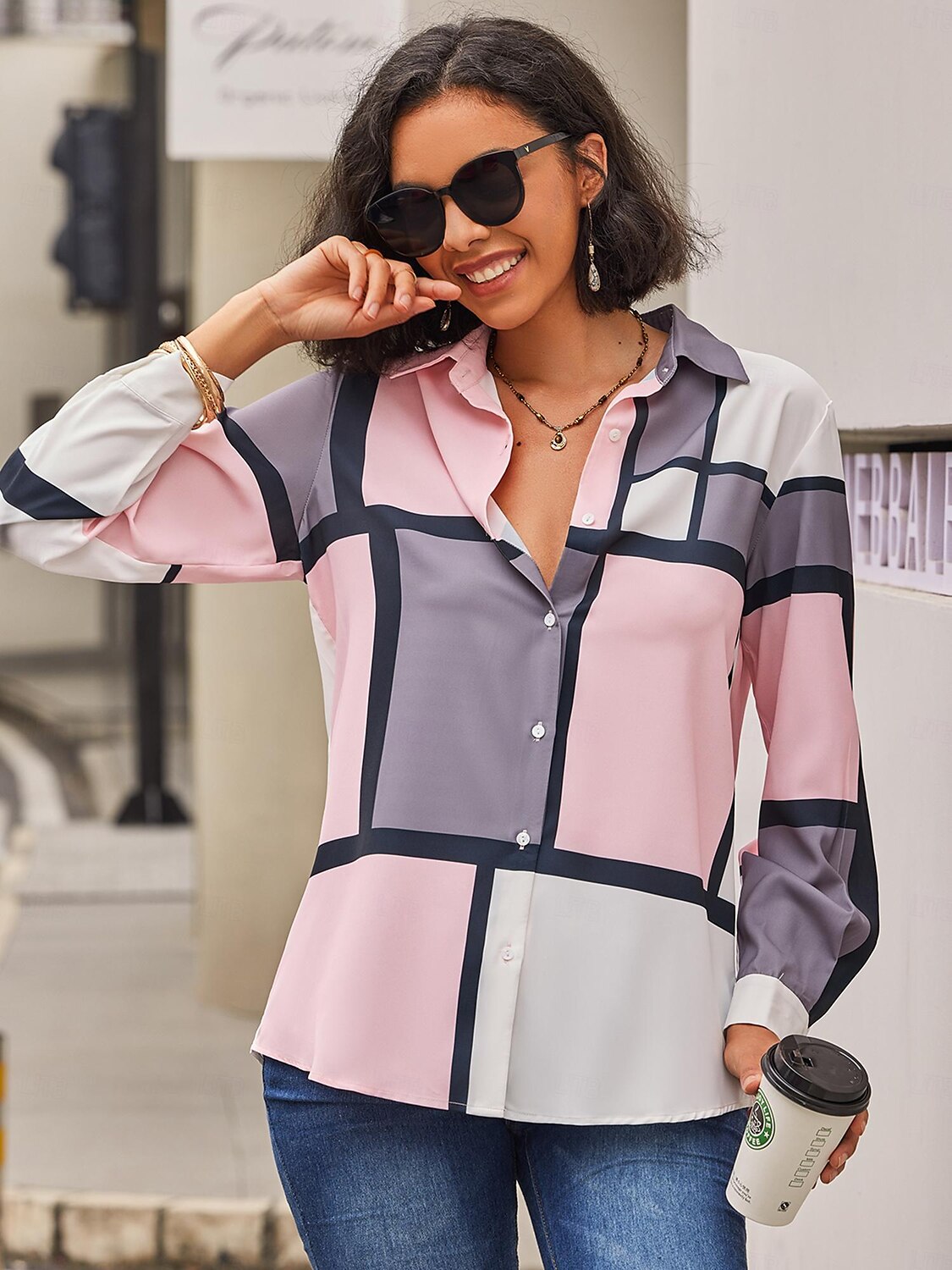 Camicia Donna Moda Flanella Stampa Bottoni Maniche Lunghe Top Regolari Collo Camicia Casual Rosa Viola Primavera Autunno del 2025 a $32.99 –P15