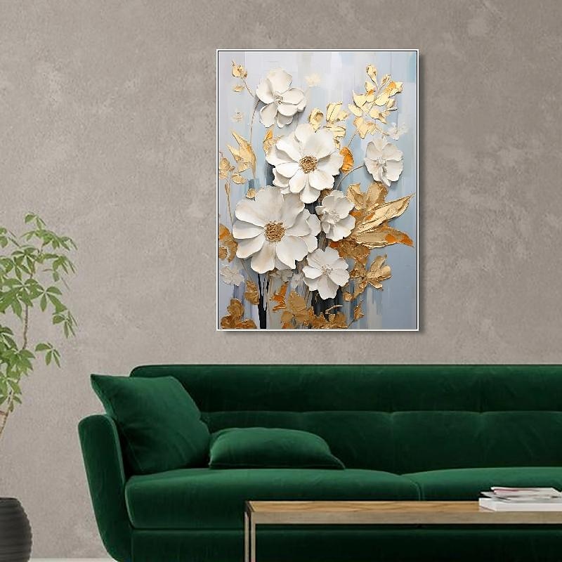 handmålad texturerat guld blomma oljemålning väggkonst abstrakt vit blomma målning på duk minimalistisk modern blommig oljemålning för vardagsrum målning elegant väggdekor fancy väggkonst 2025 - $116.99 –P15