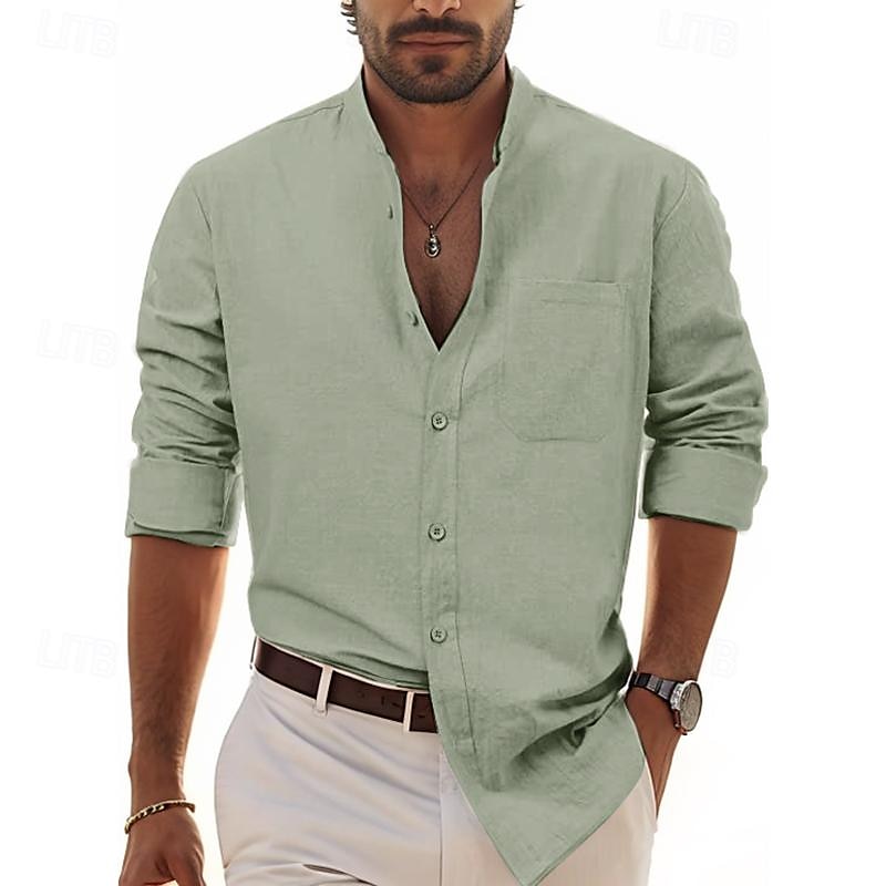 Per uomo Camicia Camicia in lino e cotone Camicia in cotone bianco Camicia con colletto cinese Camicia con colletto alla coreana Maglietta informale Liscio Da mare Hawaiano Nero Bianco Vino Blu marino del 2025 a $19.99 –P10
