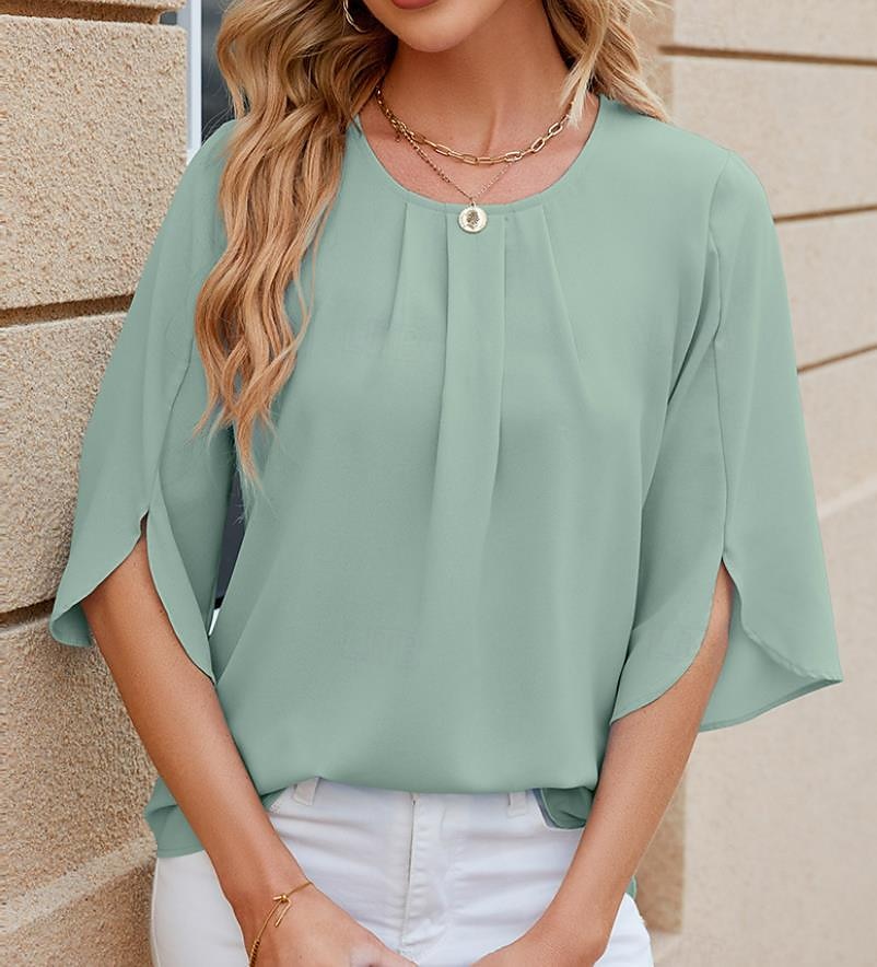 Femme Chemise Manche Courte Col Carré Vacances Plage Drapée Rose Claire Bleu Vert Eté de 2025 ? $29.99 -P10