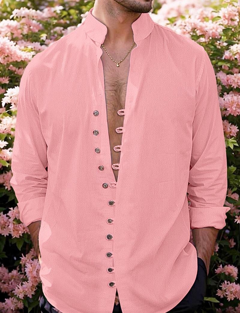 Herren Hemd Leinenhemd Sommerhemd Strandbekleidung Knopfhemd Einfarbig Täglich Strand Schwarz Rosa Khaki Dunkelgrau Langarm Sommer Bekleidung 2026 - $25.99 –P10