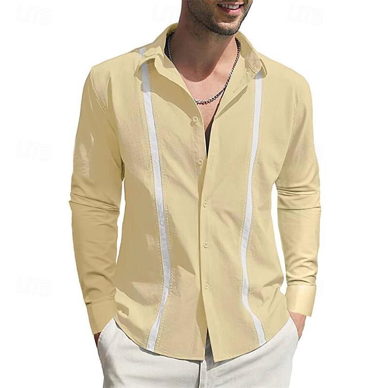 Per uomo Camicia camicia di lino Maglietta informale Camicia di cotone Color Block Hawaiano Per eventi Nero Bianco Blu marino Azzurro cielo Manica lunga Bavero Primavera & Autunno Abbigliamento del 2025 a $22.99 –P4