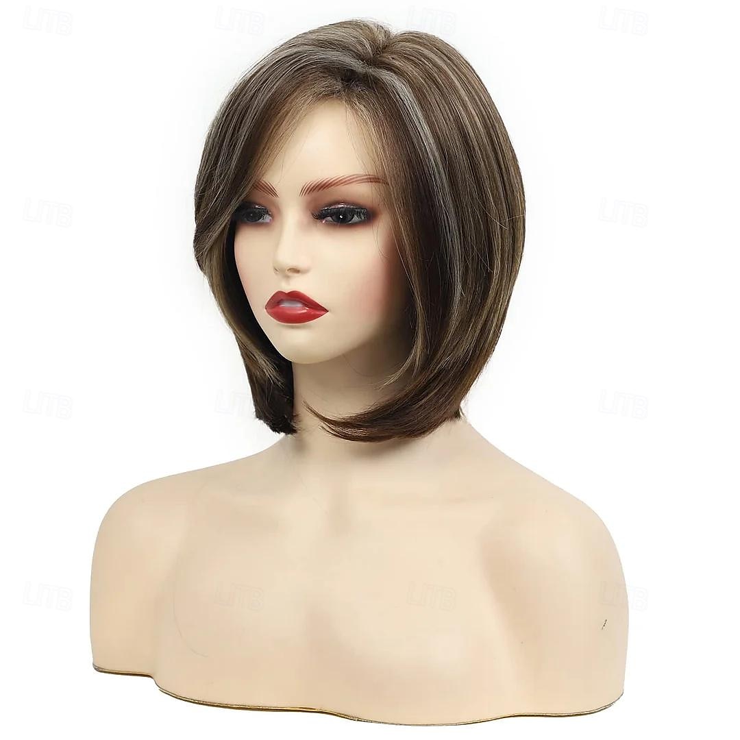 pruik natuurlijk golvend asymmetrisch met pony pruik kort lichtbruin synthetisch haar dames klassiek lichtbruin korte bob pruiken met highlights natuurlijk ogende pruiken 2025 - $19.99 –P5