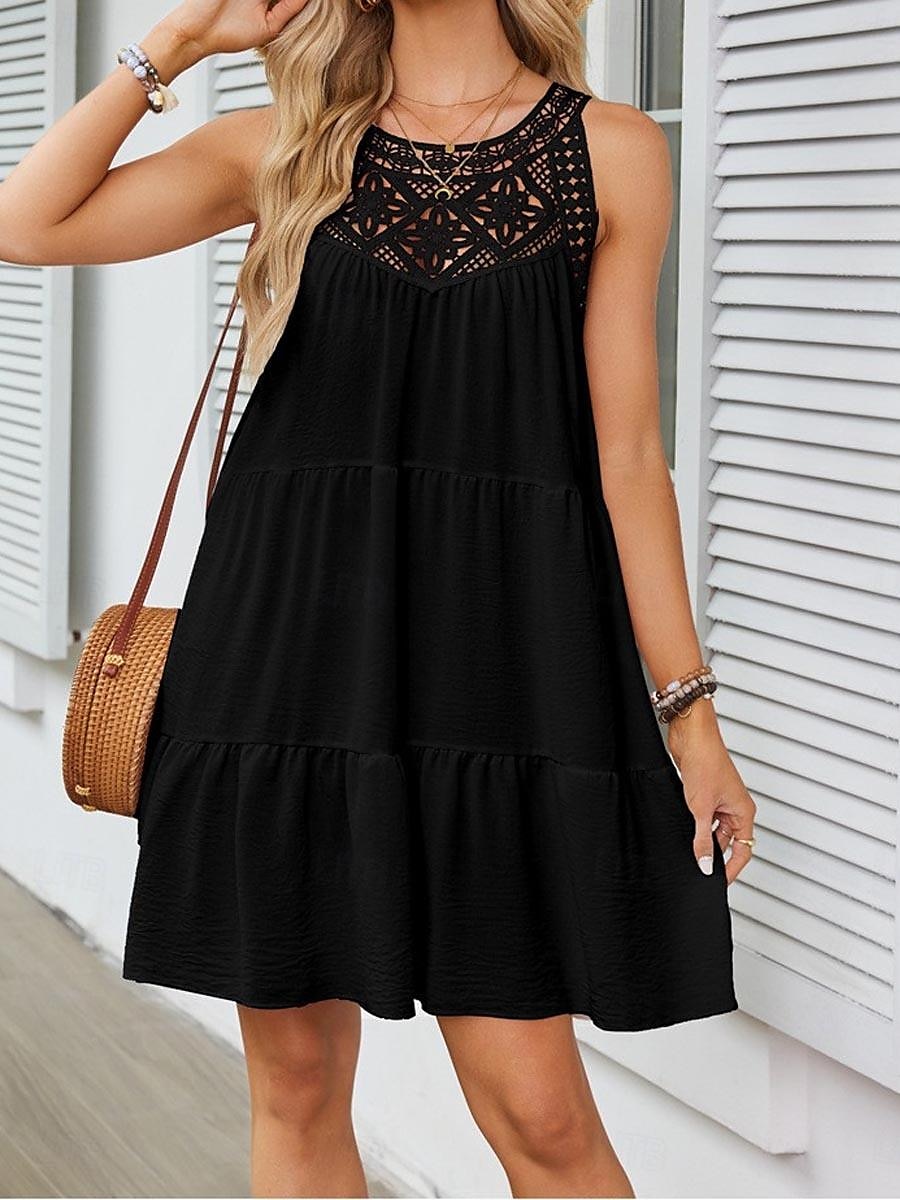 Pentru femei Rochie Mini Rochie albă Rochie de dantela Rochie Boho Casual Vacanță Stradă Fit regulat Fără manșon Stil Nautic Negru Alb Roșu-aprins Bleumarin Vară 2025 - $41.99 –P6