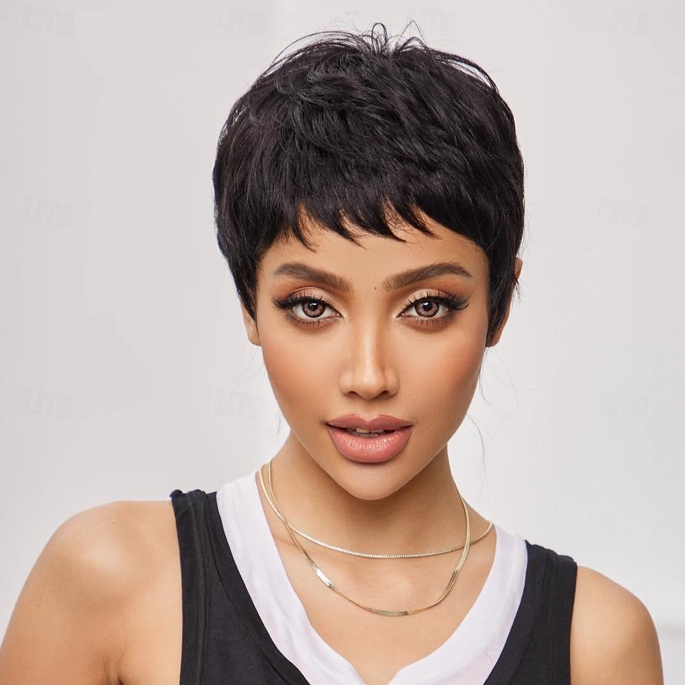 2025年 ショート ピクシー カット ボブ 人毛ウィッグ ストレート ブラック ブラウン レミー ヘア 女性用 ナチュラル レイヤード ウィッグ 前髪付き ウィッグ コレクション – $45.99 –P1