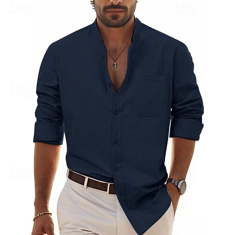 Per uomo Camicia Camicia in lino e cotone Camicia in cotone bianco Camicia con colletto cinese Camicia con colletto alla coreana Maglietta informale Liscio Da mare Hawaiano Nero Bianco Vino Blu marino del 2025 a $19.99 –P5