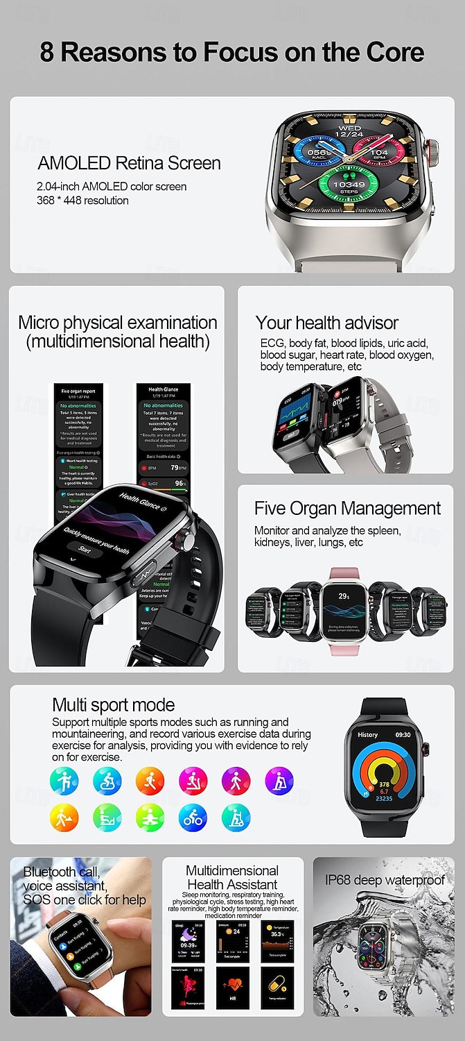 iMosi TK16 Smart Watch 2.04 inch Smartwatch Fitness Running Watch Bluetooth ECG+PPG Temperature Monitoring Pedometer Compatible with Android iOS Women Men Long Standby Hands-Free Calls Waterproof IP68 2025 - $83.19 –P2
