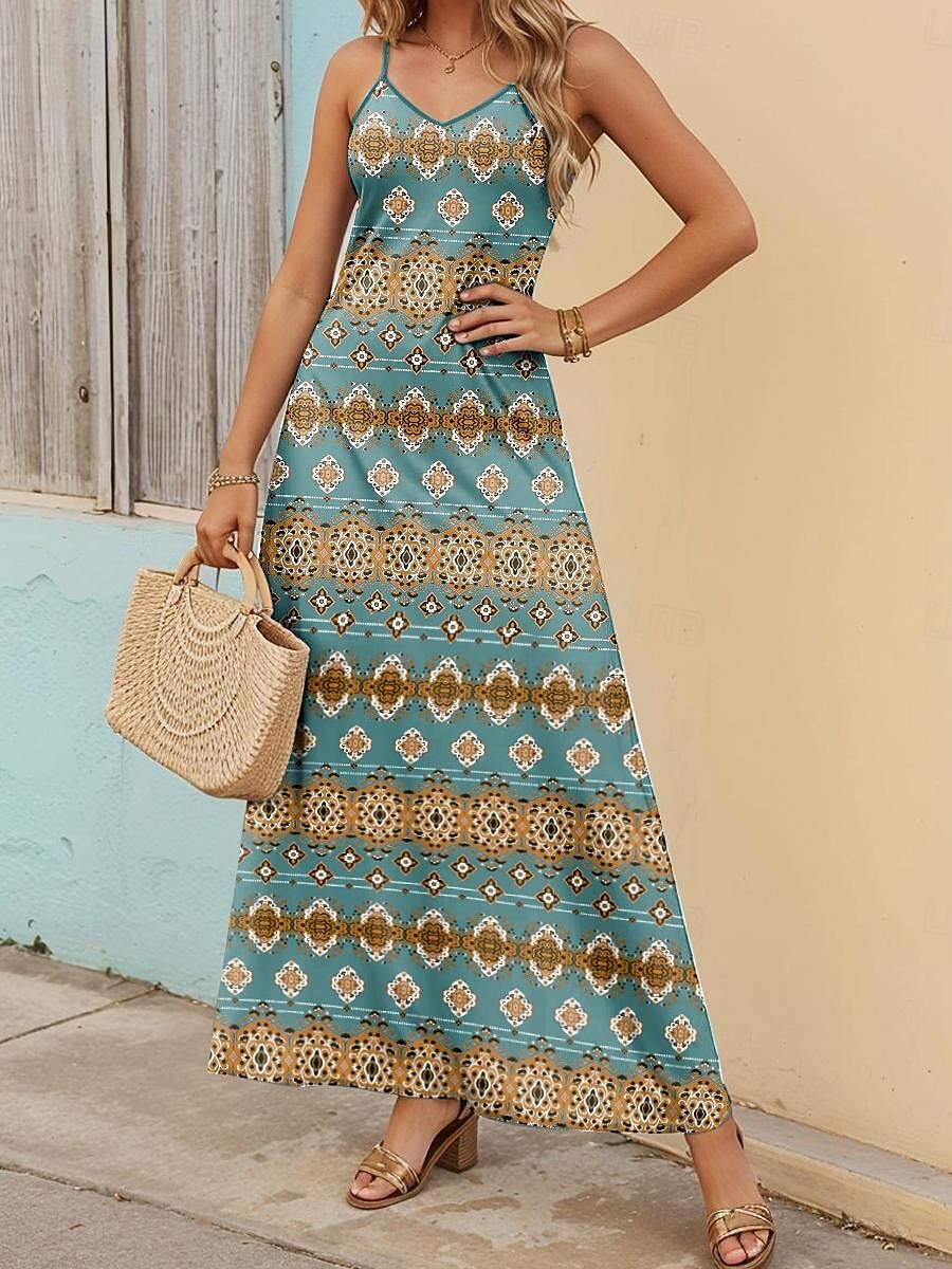 Frauen Maxi Kleid Sommerkleid Blumen Kleid Sommerkleid Bohemia Stylisch Fließend Urlaub Lässig Date Lockere Passform Ölmalerei Ärmellos V-Ausschnitt Schwarz Blau Orange Grün Sommer Frühling 2025 - $28.99 –P5