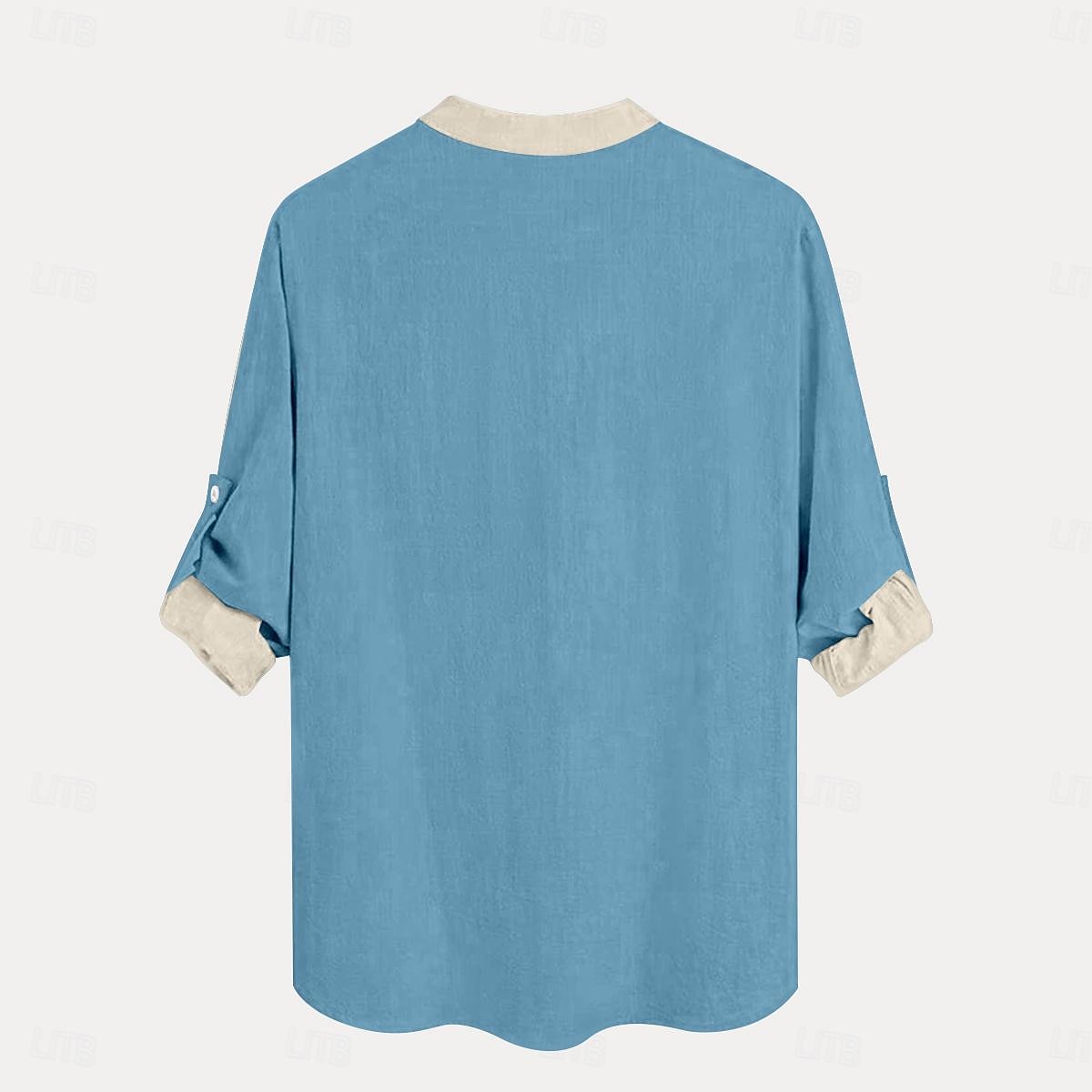 Voor heren Overhemd linnen overhemd Overhemd met knopen Lange mouw Mode-casual Vakantie Causaal Casual Zomer Lente & Herfst Opstaand Knop Afdrukken Licht Blauw Rood blauw Groen 2025 - $24.99 –P6