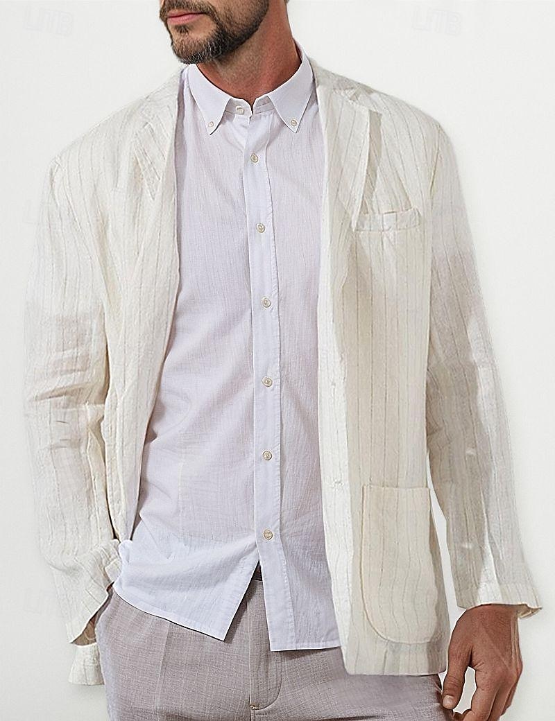 100% Linen Men's Linen Blazer Blazer Business Formal Evening Wedding Party Fashion Casual Spring &  Fall Stripes Pocket Casual / Daily Single Breasted Blazer White Navy Blue Coffee 2024 - $34.99 –P3