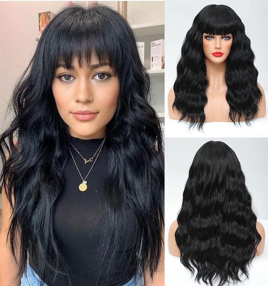 parrucche nere per le donne parrucche di capelli ricci ondulati lunghi da 18 pollici con frangia parrucche sintetiche di ricambio parrucca in fibra resistente al calore costume da festa del 2025 a $19.99 –P1