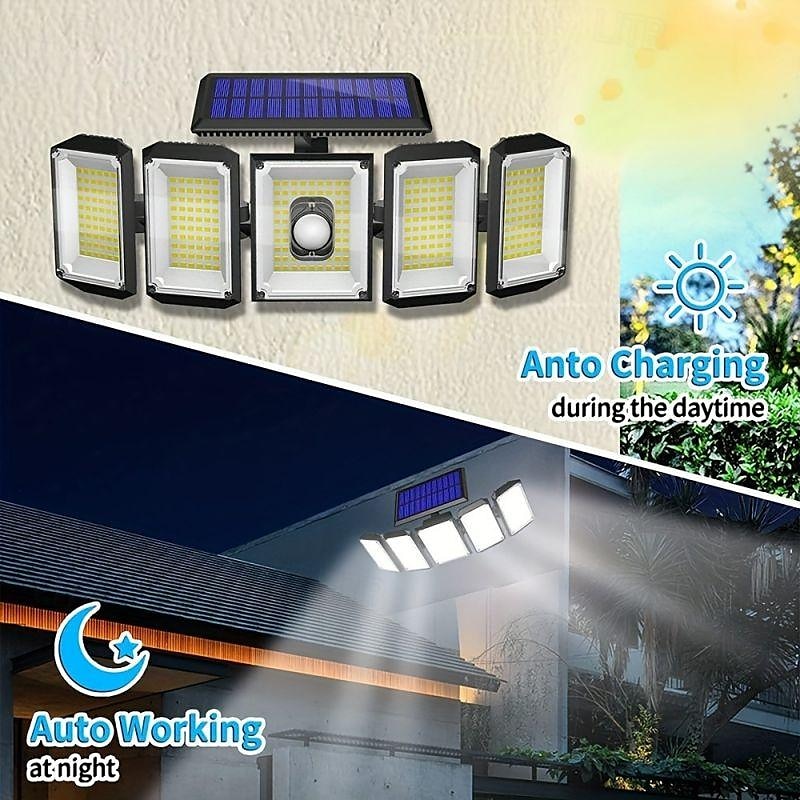 holofotes solares sensor de movimento externo 300 led 5 cabeças sensor de movimento movido a energia solar com controle remoto do anoitecer ao amanhecer 3 modos de iluminação de 2025 por $37.99 –P7