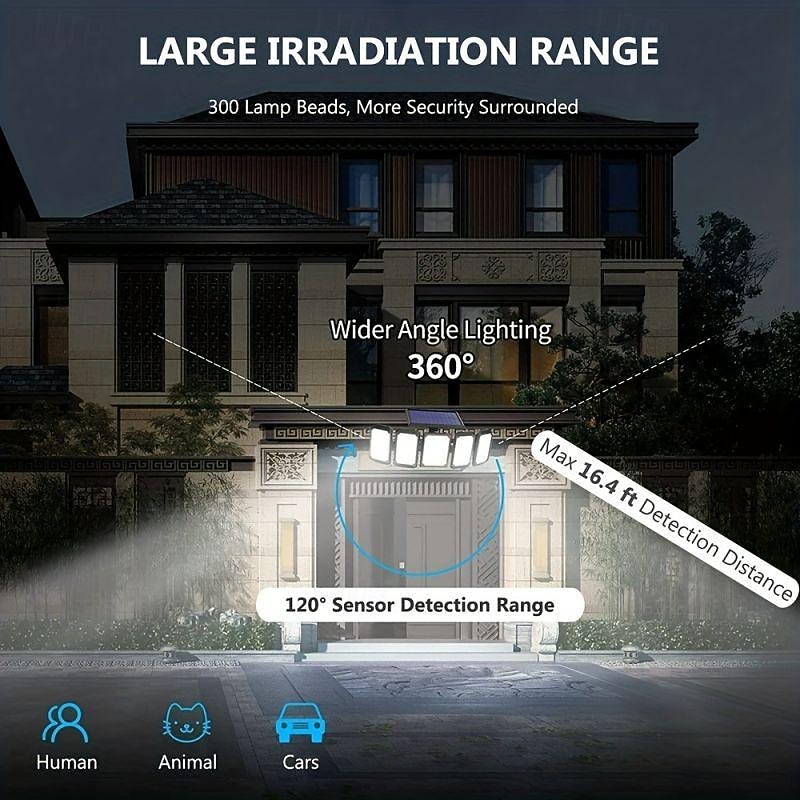 holofotes solares sensor de movimento externo 300 led 5 cabeças sensor de movimento movido a energia solar com controle remoto do anoitecer ao amanhecer 3 modos de iluminação de 2025 por $37.99 –P4